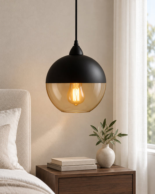 Sphere Glass Pendant Light Black Loft Bar Counter Dining Room Creative LED/Filament Ceiling Hanging Lamp, E27, Sphere, Black