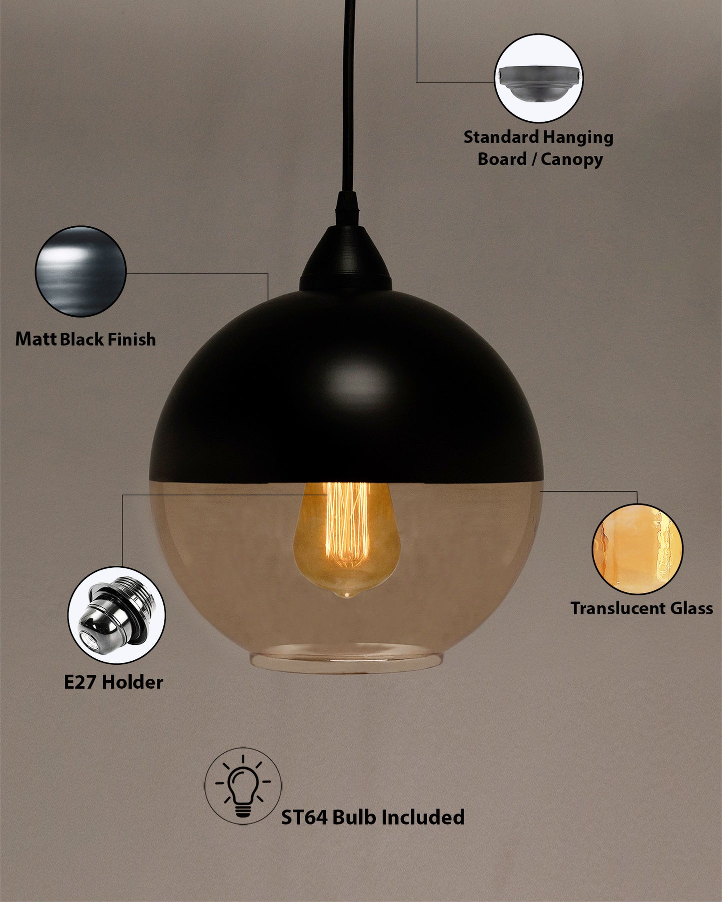 Sphere Glass Pendant Light Black Loft Bar Counter Dining Room Creative LED/Filament Ceiling Hanging Lamp, E27, Sphere, Black