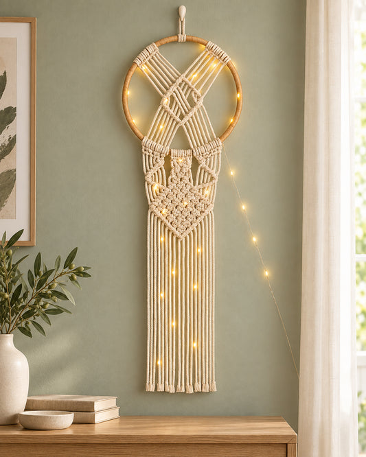 Macrame Wall Hanging Dream Catcher with String Light, Large Handmade Crochet Decor for Bedroom, Home Decor for Apartment Living Room Bedroom Baby Nursery Dorm
