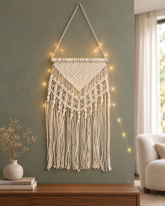 Macrame Wall Hanging Tapestry Tassel Home Decor Bohemian Handmade Chic Cotton Rope,Living Room, Balcony, Office, Housewarming, Garden, Single with String Light