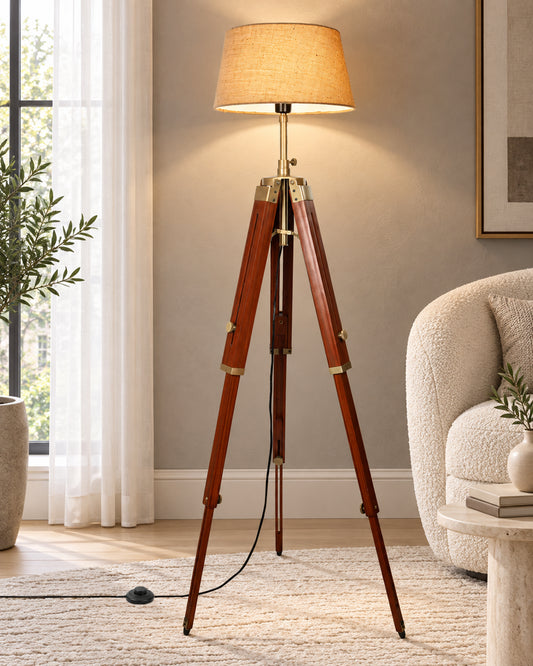 Industrial Tripod Floor Lamp for Living Room Bedroom, Vintage Reading Lamp with Wooden Metal Legs,Nautical Lamp for Office, Cinema, Dorm