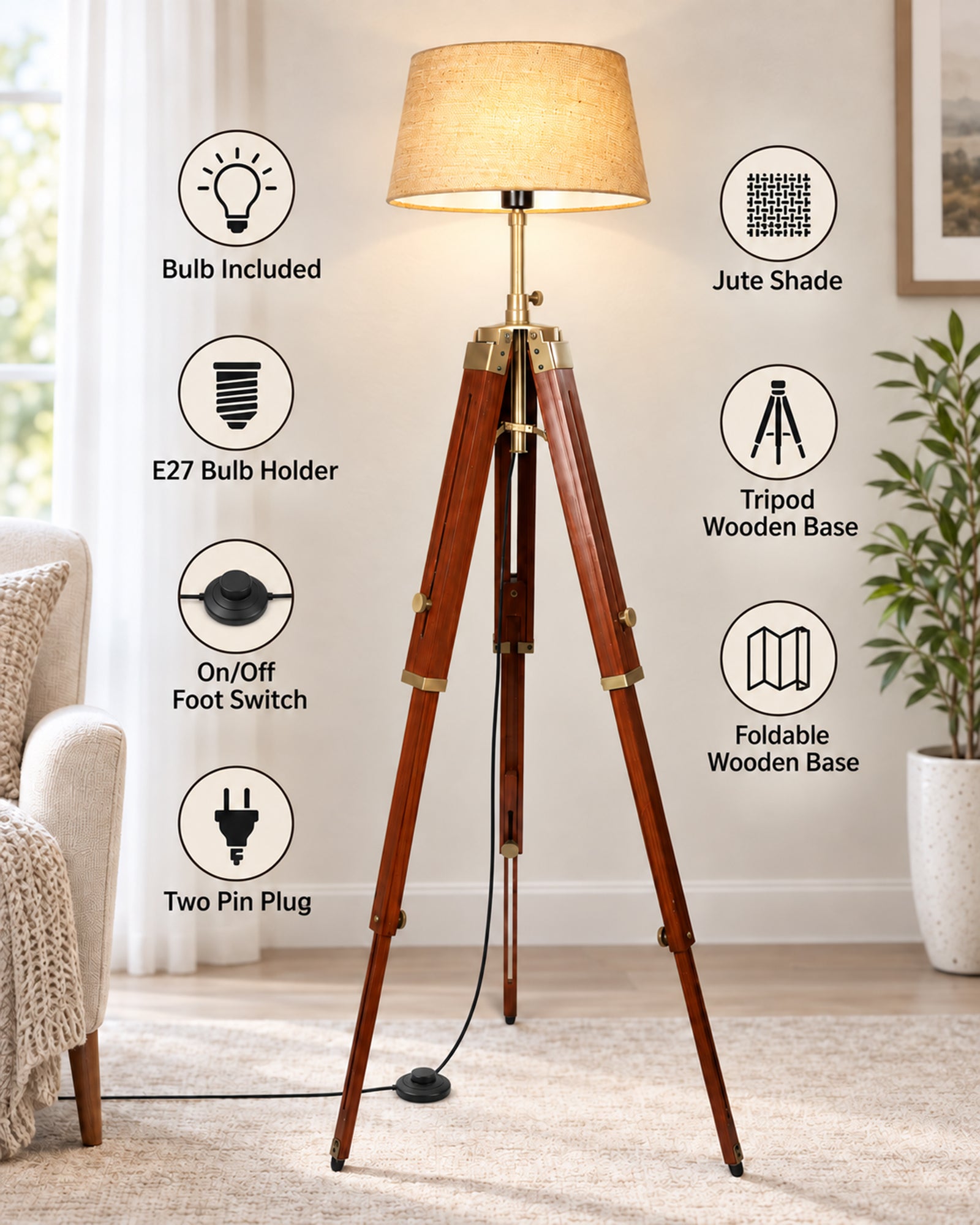 Industrial Tripod Floor Lamp for Living Room Bedroom, Vintage