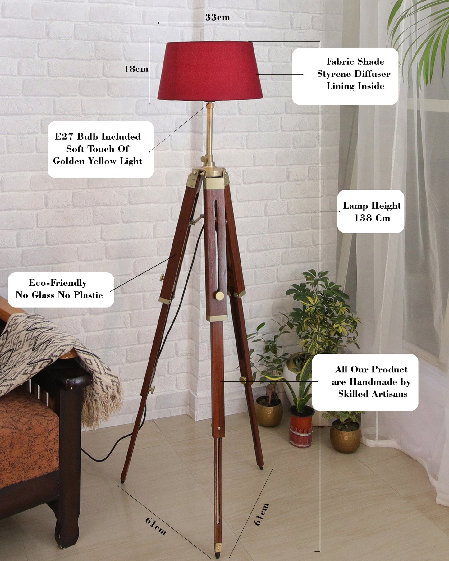 Industrial Tripod Floor Lamp for Living Room Bedroom, Vintage Reading Lamp with Wooden Metal Legs,Nautical Lamp for Office, Cinema, Dorm