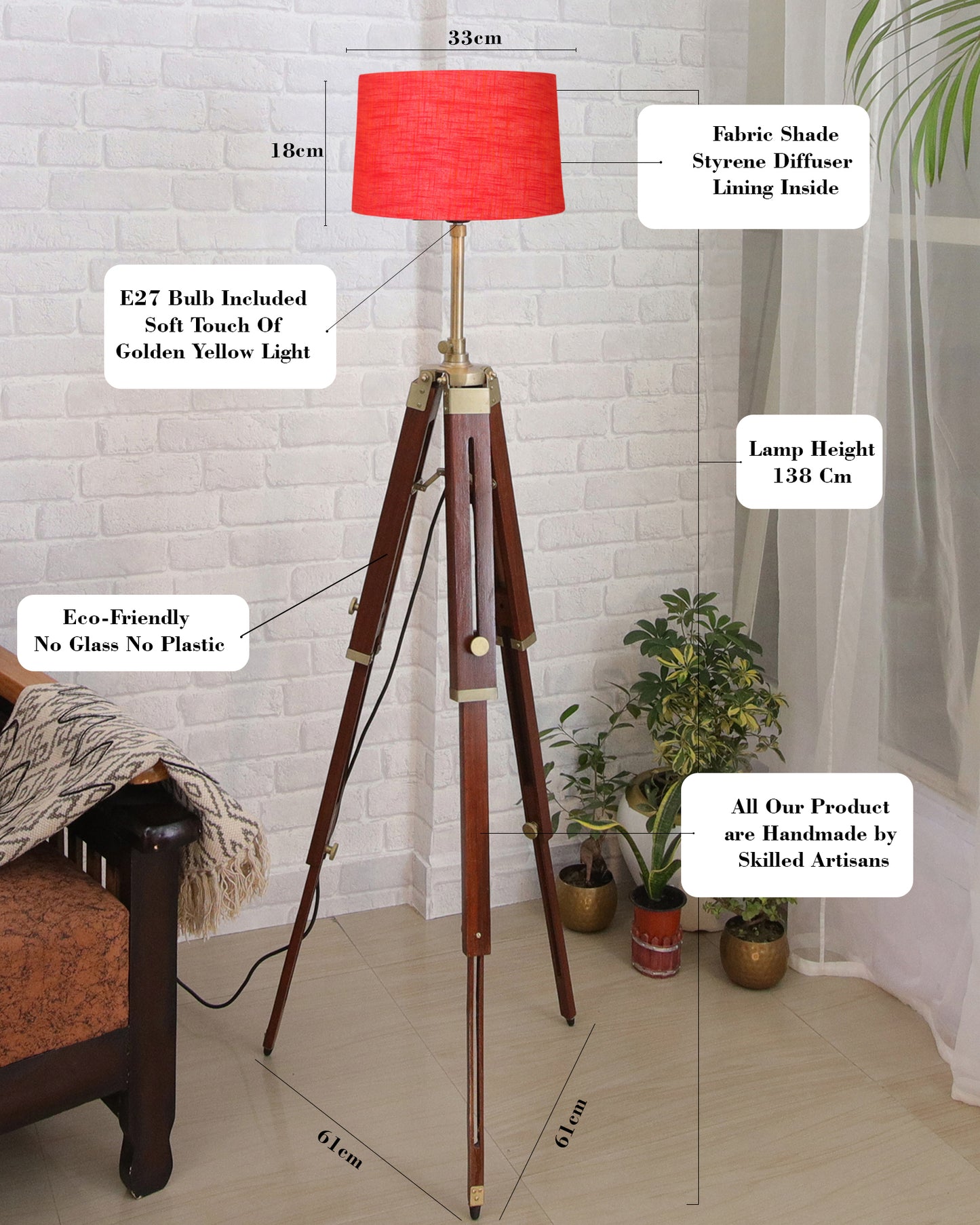 Industrial Tripod Floor Lamp for Living Room Bedroom, Vintage Reading Lamp with Wooden Metal Legs,Nautical Lamp for Office, Cinema, Dorm