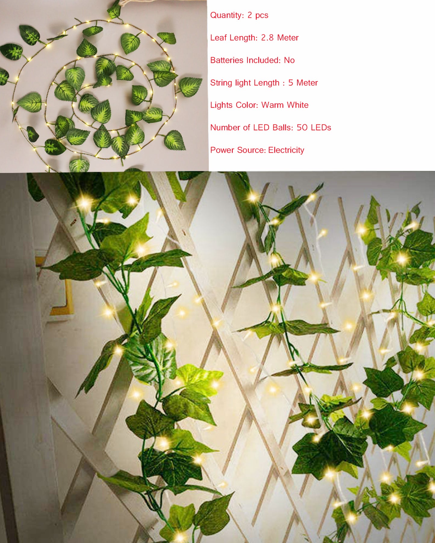 Vine String Lights,Home Decor String Lights, Moneyplant Leaf Garland Wreath Hanging lamp with 50 LED, Fairy Night Lights for Home, Room, Bedroom, Wall Decoration, Garden, Balcony, set of 2, USB