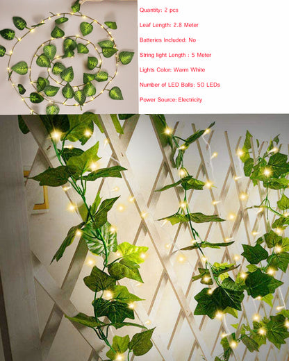 Vine String Lights,Home Decor String Lights, Moneyplant Leaf Garland Wreath Hanging lamp with 50 LED, Fairy Night Lights for Home, Room, Bedroom, Wall Decoration, Garden, Balcony, set of 2, USB