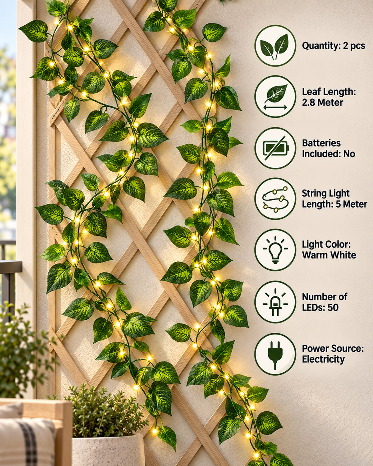 Vine String Lights,Home Decor String Lights, Moneyplant Leaf Garland Wreath Hanging lamp with 50 LED, Fairy Night Lights for Home, Room, Bedroom, Wall Decoration, Garden, Balcony, set of 2, USB