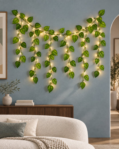 Vine String Lights,Home Decor String Lights, Moneyplant Leaf Garland Wreath Hanging lamp with 50 LED, Fairy Night Lights for Home, Room, Bedroom, Wall Decoration, Garden, Balcony, set of 2, Battery operated(Not included)