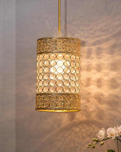 Hanging golden crystal pendant light, Classic Floral Adjustable Pendant Light Fixture for Kitchen Dinning Room Bedroom, Leafy Cylinder