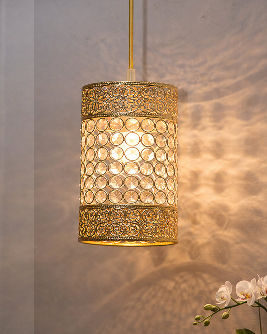 Hanging golden crystal pendant light, Classic Floral Adjustable Pendant Light Fixture for Kitchen Dinning Room Bedroom, Leafy Cylinder