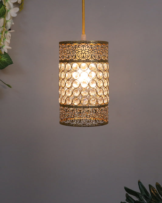 Hanging golden crystal pendant light, Classic Floral Adjustable Pendant Light Fixture for Kitchen Dinning Room Bedroom, Leafy Cylinder
