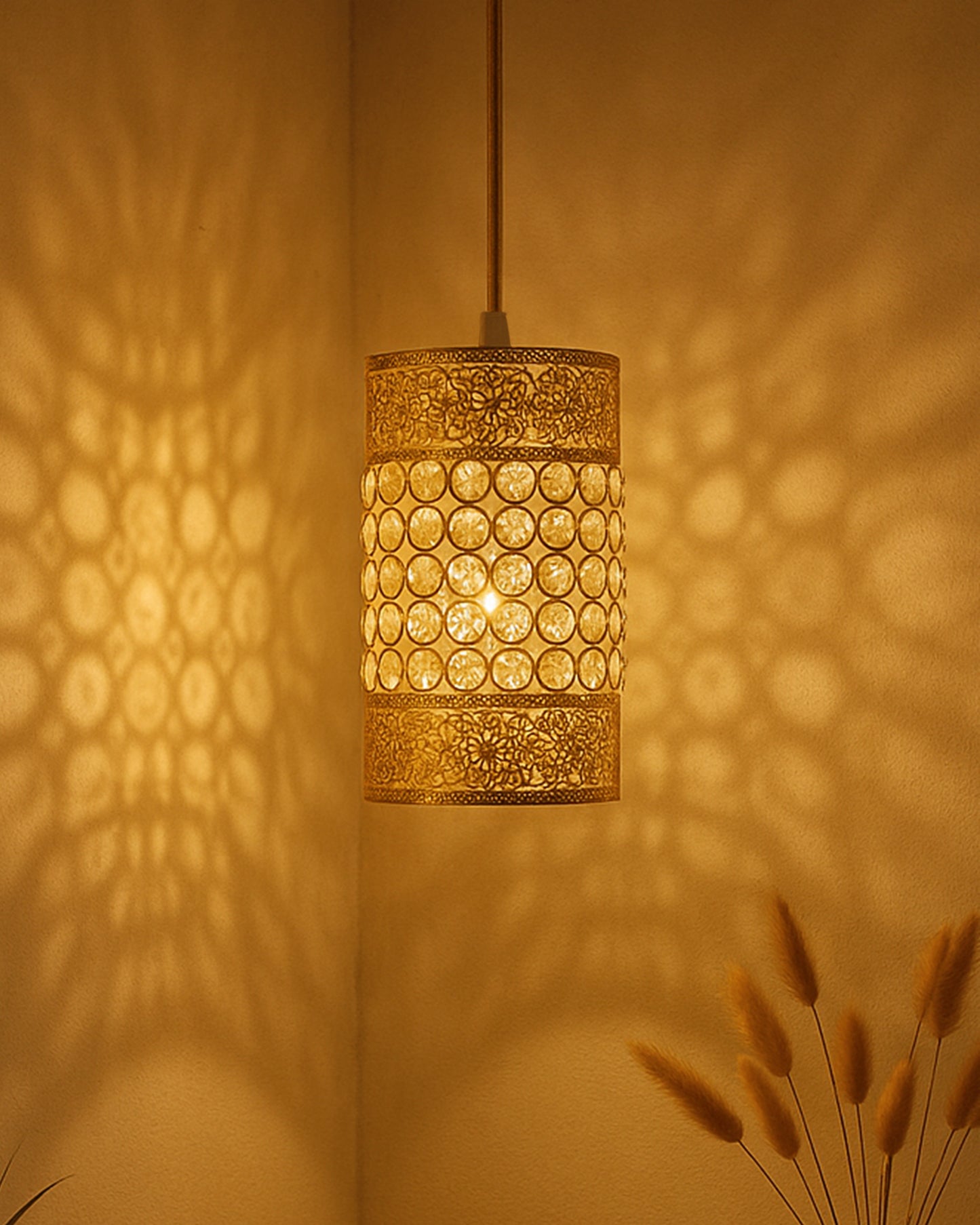 Hanging golden crystal pendant light, Classic Floral Adjustable Pendant Light Fixture for Kitchen Dinning Room Bedroom, Leafy Cylinder