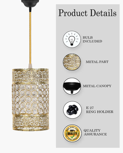 Hanging golden crystal pendant light, Classic Floral Adjustable Pendant Light Fixture for Kitchen Dinning Room Bedroom, Leafy Cylinder