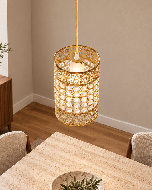 Hanging golden crystal pendant light, Classic Floral Adjustable Pendant Light Fixture for Kitchen Dinning Room Bedroom, Leafy Cylinder