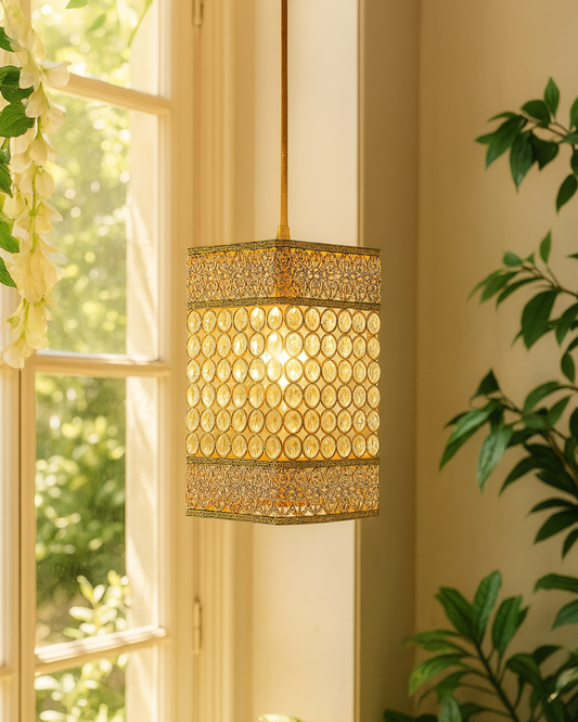 Hanging golden crystal pendant light, Classic Floral Adjustable Pendant Light Fixture for Kitchen Dinning Room Bedroom, Leafy Rectangle