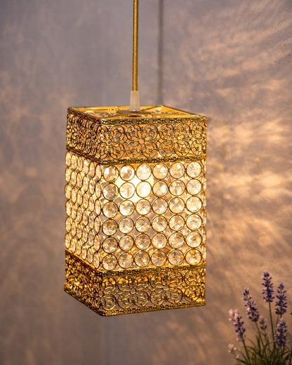 Hanging golden crystal pendant light, Classic Floral Adjustable Pendant Light Fixture for Kitchen Dinning Room Bedroom, Leafy Rectangle