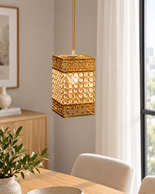 Hanging golden crystal pendant light, Classic Floral Adjustable Pendant Light Fixture for Kitchen Dinning Room Bedroom, Leafy Rectangle
