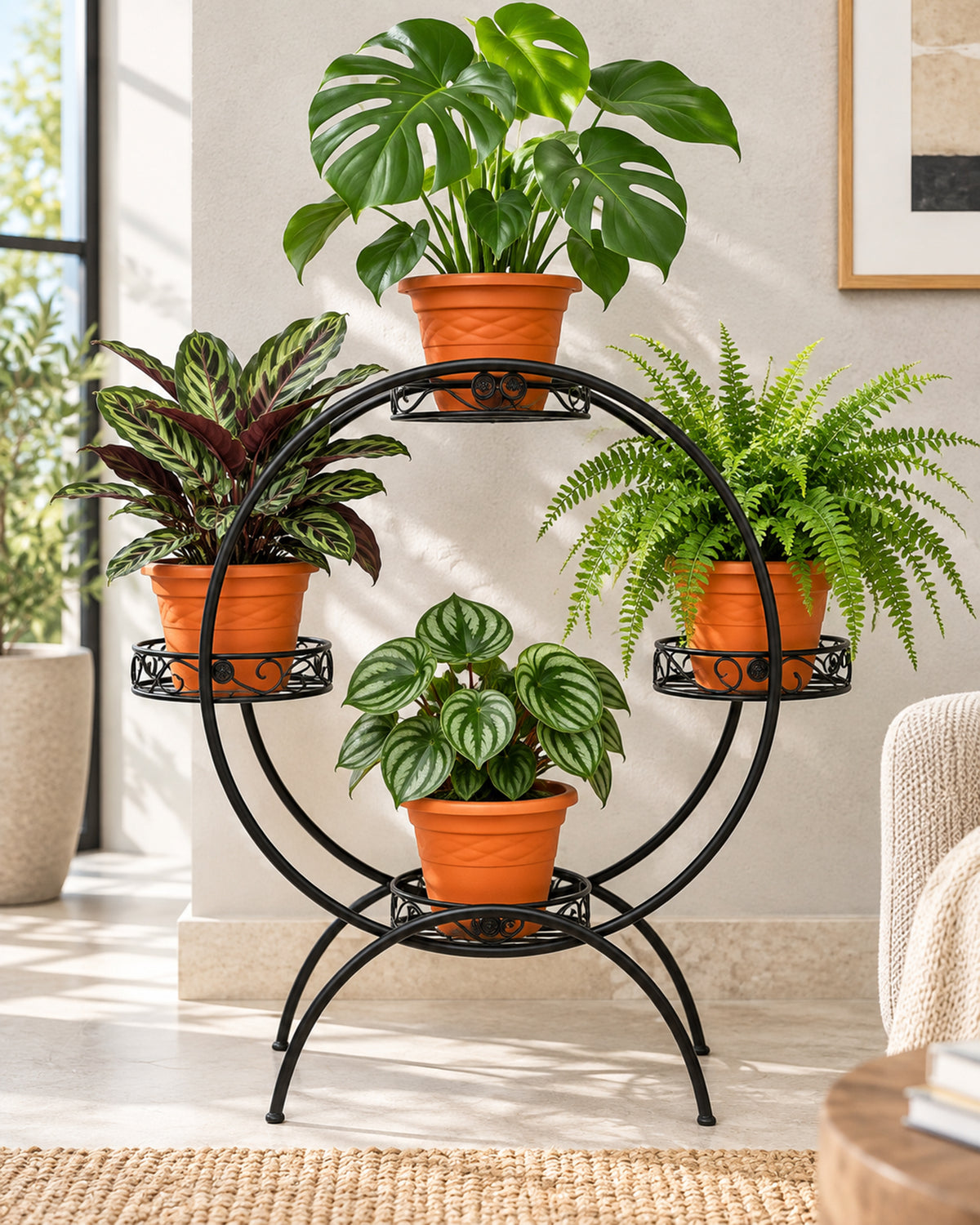Plant Stand Metal Flower Holder Racks with 4 Tier Garden Decoration Planter Rack Shelf Organizer for Indoor Outdoor, Garden Balcony Living Room Office,Round, Black