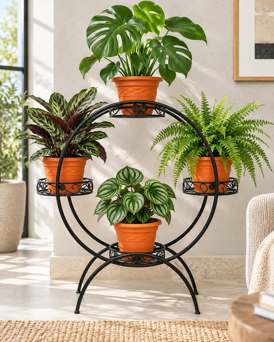 Plant Stand Metal Flower Holder Racks with 4 Tier Garden Decoration Planter Rack Shelf Organizer for Indoor Outdoor, Garden Balcony Living Room Office,Round, Black