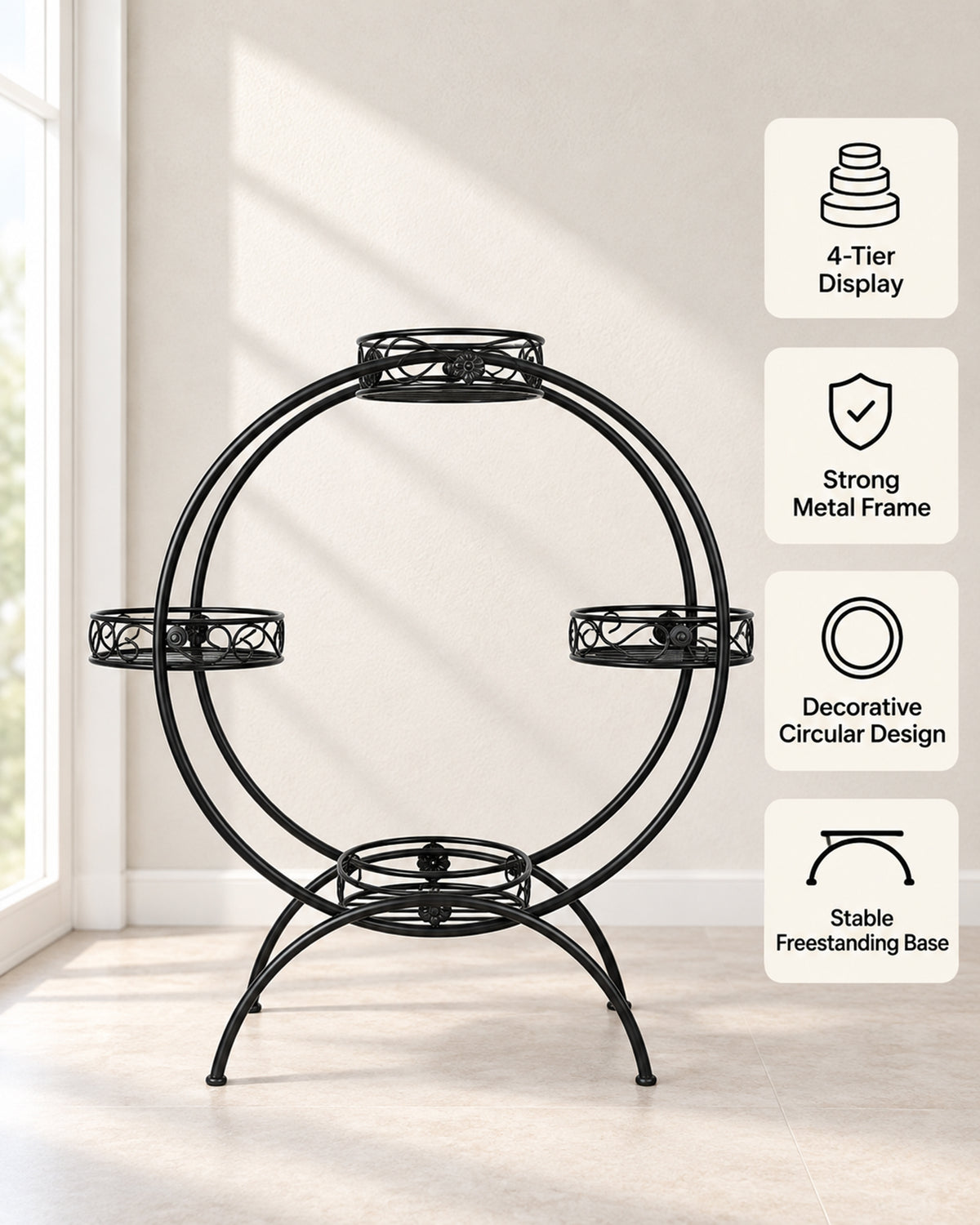 Plant Stand Metal Flower Holder Racks with 4 Tier Garden Decoration Planter Rack Shelf Organizer for Indoor Outdoor, Garden Balcony Living Room Office,Round, Black