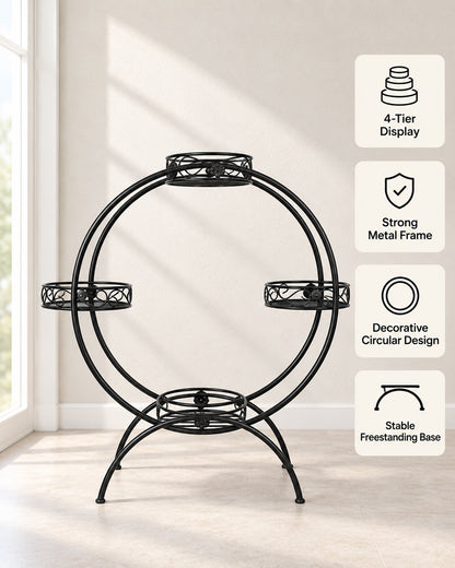 Plant Stand Metal Flower Holder Racks with 4 Tier Garden Decoration Planter Rack Shelf Organizer for Indoor Outdoor, Garden Balcony Living Room Office,Round, Black