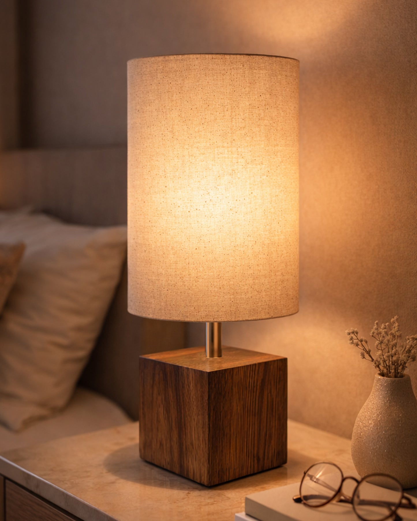 Modern Zen Wooden Lampshade Nightstand Lamps, Antique Base E27 Creative Reading Bedside Lamps Ideal for Bedroom, Cube