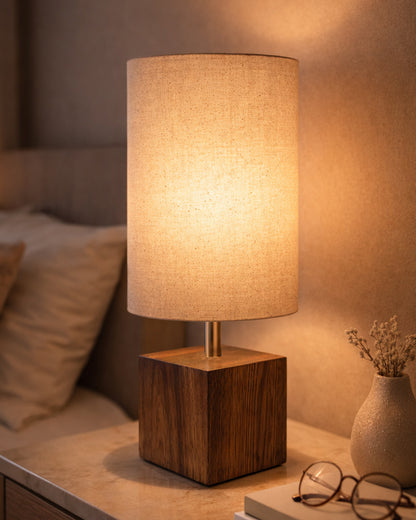 Modern Zen Wooden Lampshade Nightstand Lamps, Antique Base E27 Creative Reading Bedside Lamps Ideal for Bedroom, Cube