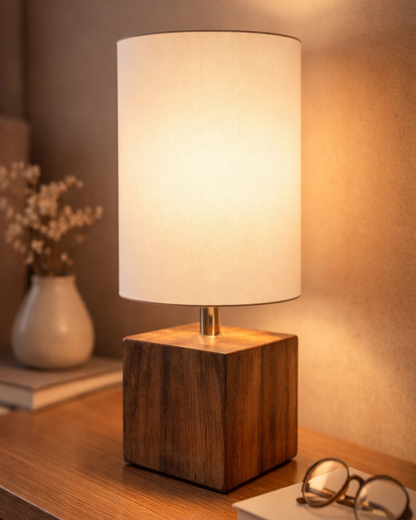 Modern Zen Wooden Lampshade Nightstand Lamps, Antique Base E27 Creative Reading Bedside Lamps Ideal for Bedroom, Cube