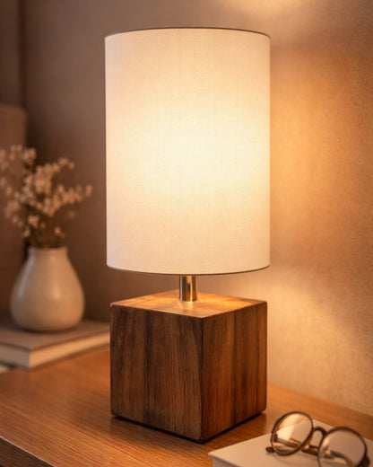 Modern Zen Wooden Lampshade Nightstand Lamps, Antique Base E27 Creative Reading Bedside Lamps Ideal for Bedroom, Cube
