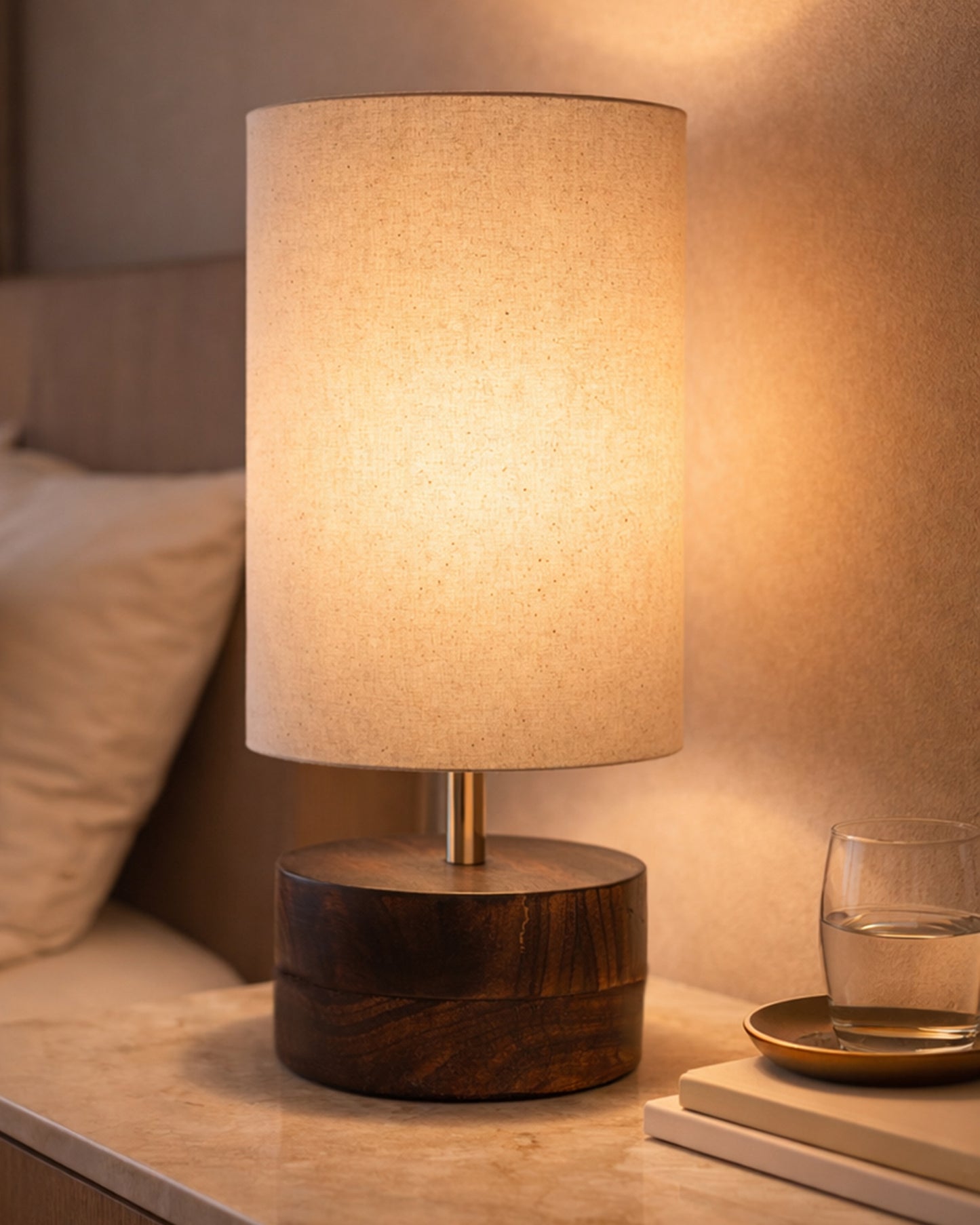 Modern Zen Wooden Lampshade Nightstand Lamps, Antique Base E27 Creative Reading Bedside Lamps Ideal for Bedroom, Cylinder