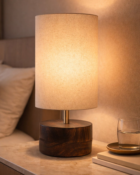 Modern Zen Wooden Lampshade Nightstand Lamps, Antique Base E27 Creative Reading Bedside Lamps Ideal for Bedroom, Cylinder