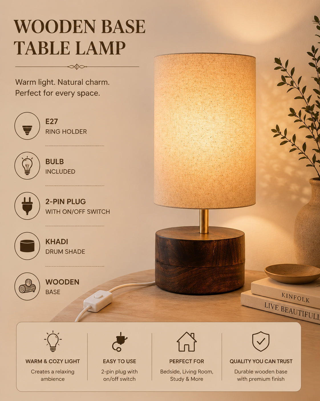 Modern Zen Wooden Lampshade Nightstand Lamps, Antique Base E27 Creative Reading Bedside Lamps Ideal for Bedroom, Cylinder