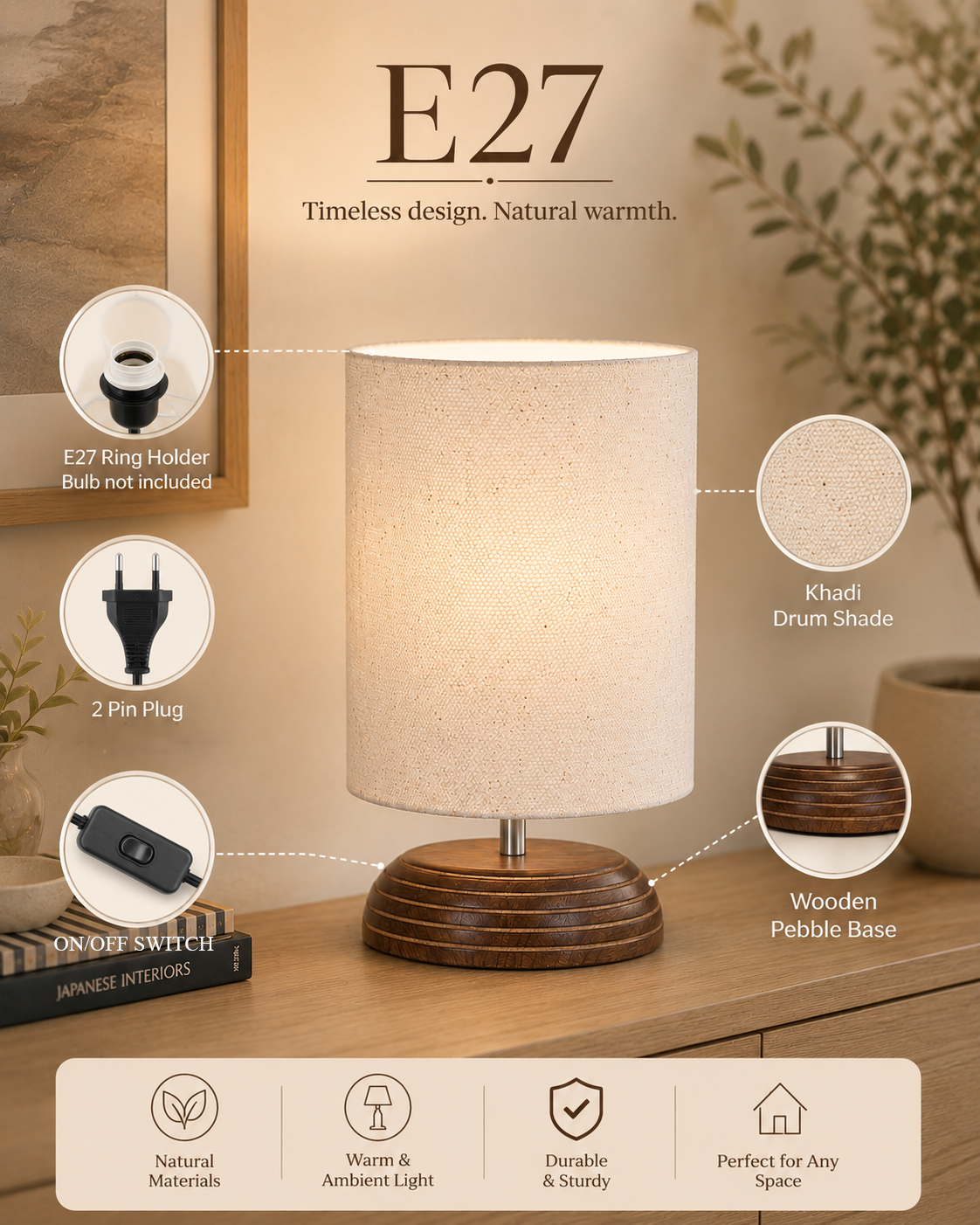Modern Antique E27 Base Pebble Zen Wooden Table Lamp With Lampshade Nightstand Lamp