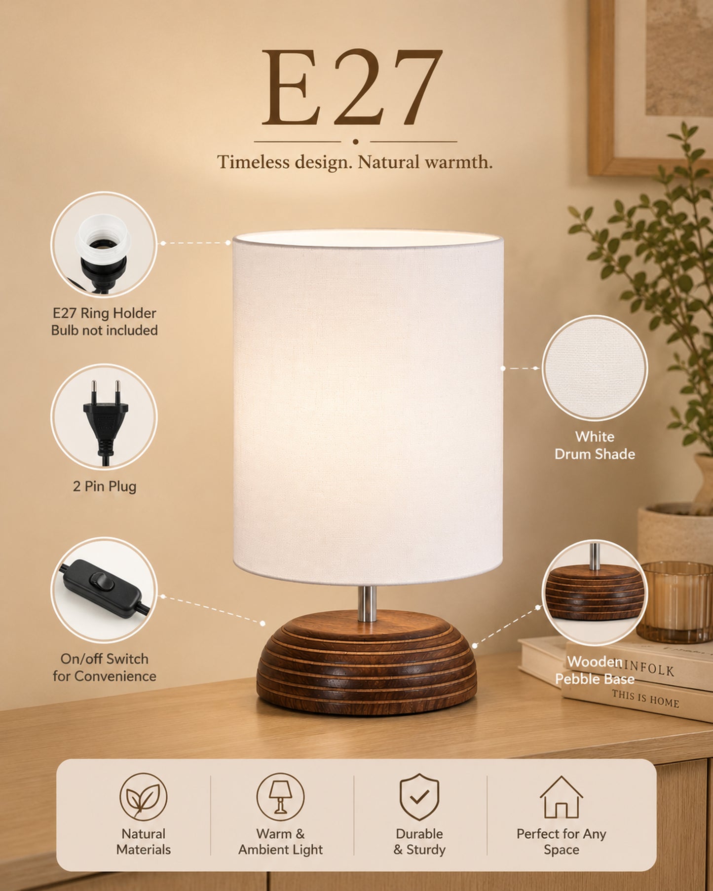 Modern Antique E27 Base Pebble Zen Wooden Table Lamp With Lampshade Nightstand Lamp