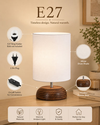 Modern Antique E27 Base Pebble Zen Wooden Table Lamp With Lampshade Nightstand Lamp