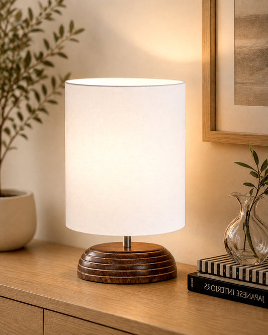 Modern Antique E27 Base Pebble Zen Wooden Table Lamp With Lampshade Nightstand Lamp
