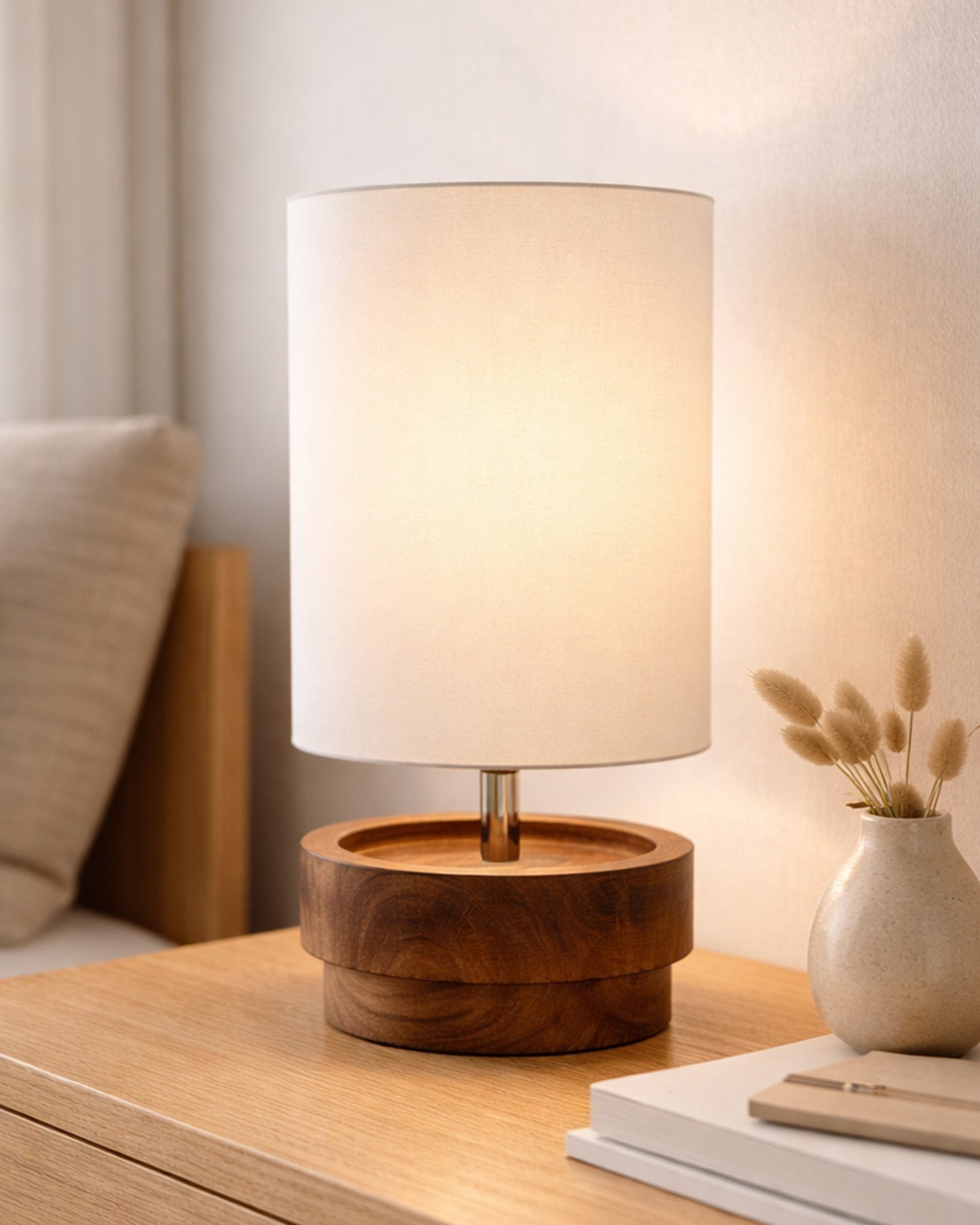 Modern Zen Wooden Lampshade Nightstand Lamps, Antique Base E27 Creative Reading Bedside Lamps Ideal for Bedroom, Concentric