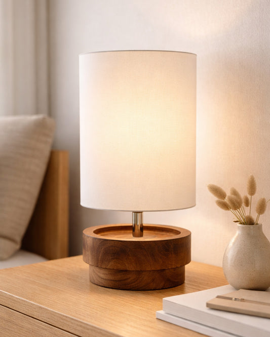 Modern Zen Wooden Lampshade Nightstand Lamps, Antique Base E27 Creative Reading Bedside Lamps Ideal for Bedroom, Concentric