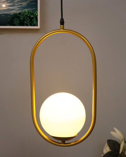 Mid Century Modern Light Chandelier Lighting, White Frosted Glass Globe Lampshade Pendant Indoor Hanging Light Fixture, Golden Oval