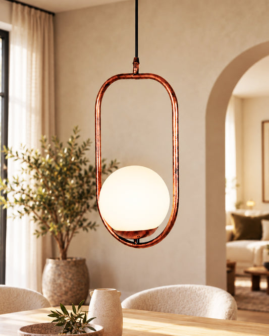 Mid Century Modern Light Chandelier Lighting, White Frosted Glass Globe Lampshade Pendant Indoor Hanging Light Fixture, Rubbed Bronze Oval