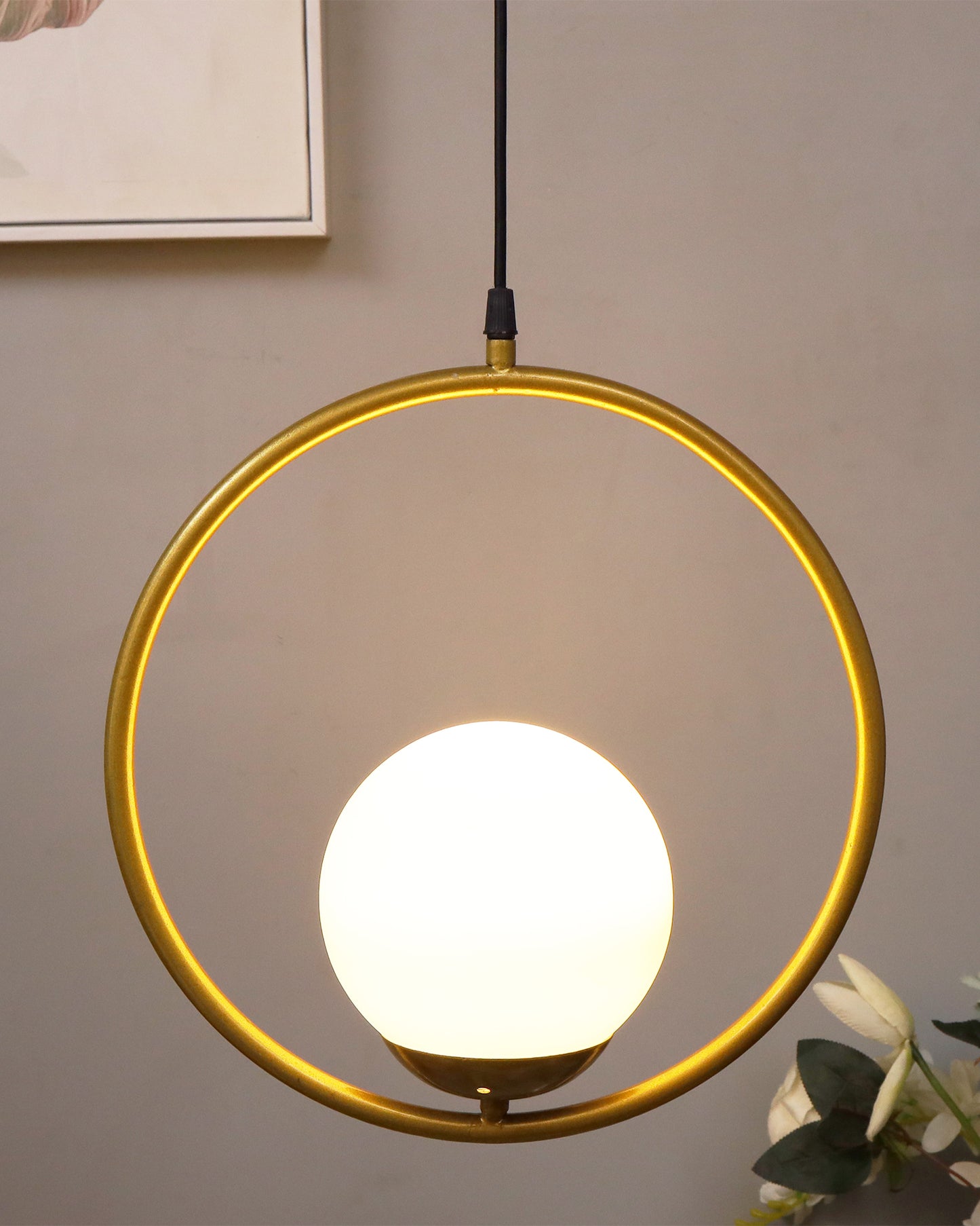 Mid Century Modern Light Chandelier Lighting, White Frosted Glass Globe Lampshade Pendant Indoor Hanging Light Fixture, Golden Round