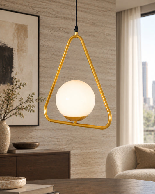 Mid Century Modern Light Chandelier Lighting, White Frosted Glass Globe Lampshade Pendant Indoor Hanging Light Fixture, Golden Triangle