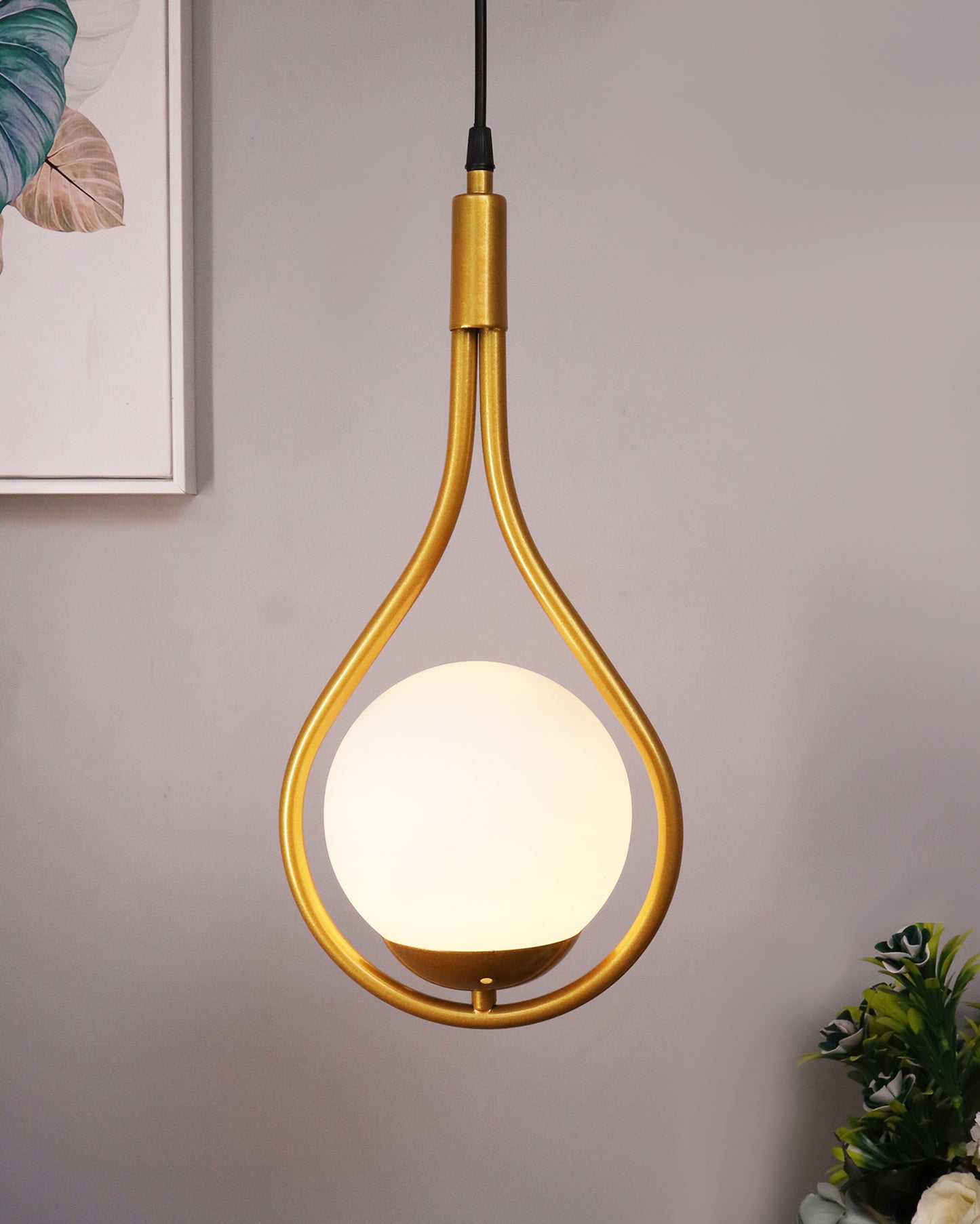 Mid Century Modern Light Chandelier Lighting, White Frosted Glass Globe Lampshade Pendant Indoor Hanging Light Fixture, Golden Water Drop