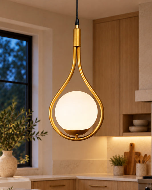 Mid Century Modern Light Chandelier Lighting, White Frosted Glass Globe Lampshade Pendant Indoor Hanging Light Fixture, Golden Water Drop