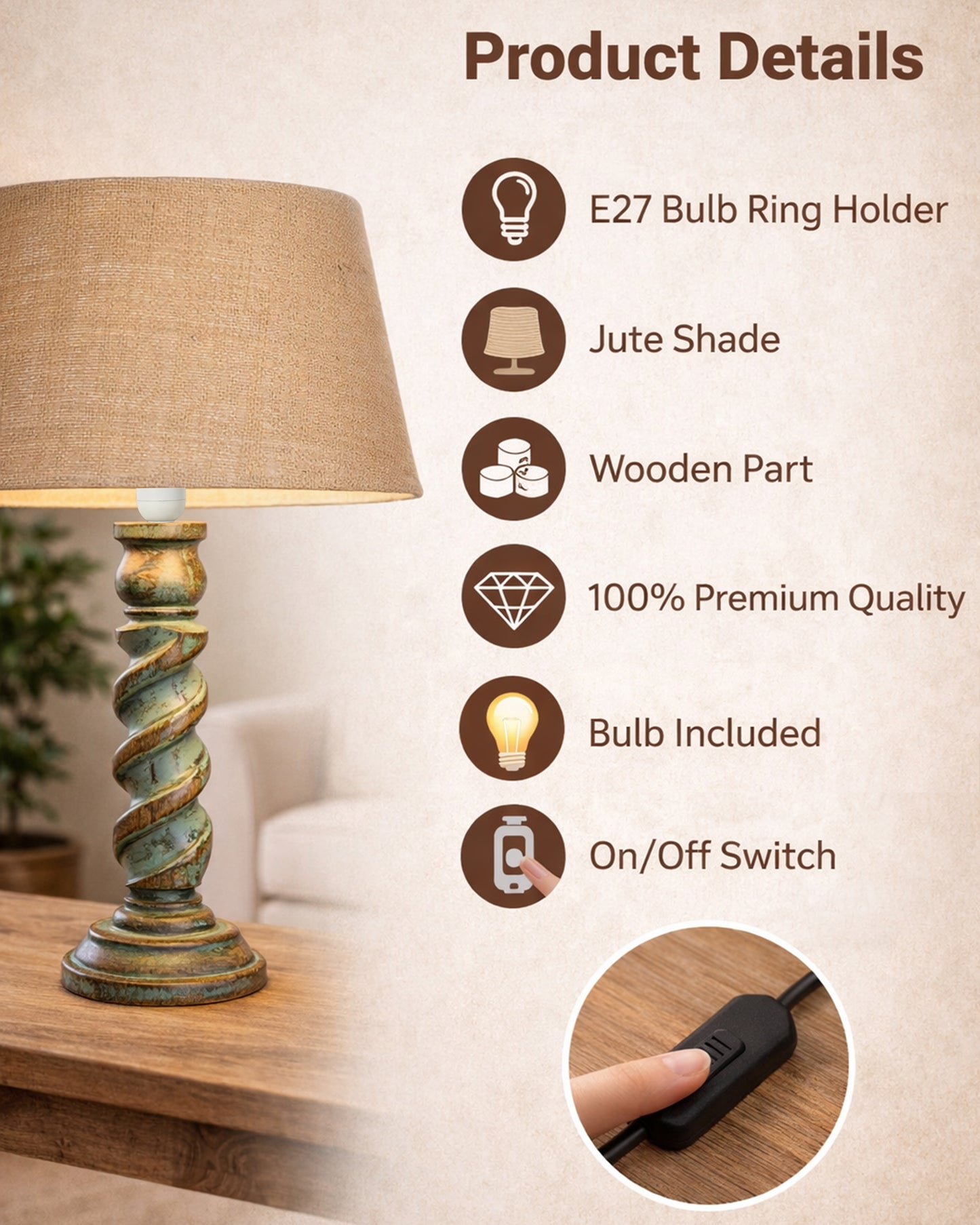 Signature Rustic Table Lamp set of 2, farmhouse Living Room Bedroom House Bedside Nightstand Home Office Reading Light,Rope