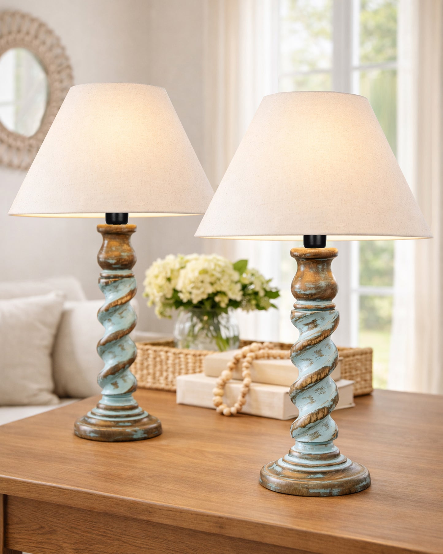 Signature Rustic Table Lamp set of 2, farmhouse Living Room Bedroom House Bedside Nightstand Home Office Reading Light, Rope Distress