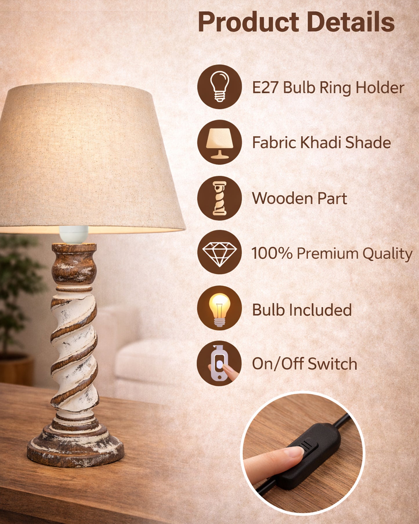 Signature Rustic Table Lamp set of 2, farmhouse Living Room Bedroom House Bedside Nightstand Home Office Reading Light, Rope Whitewash