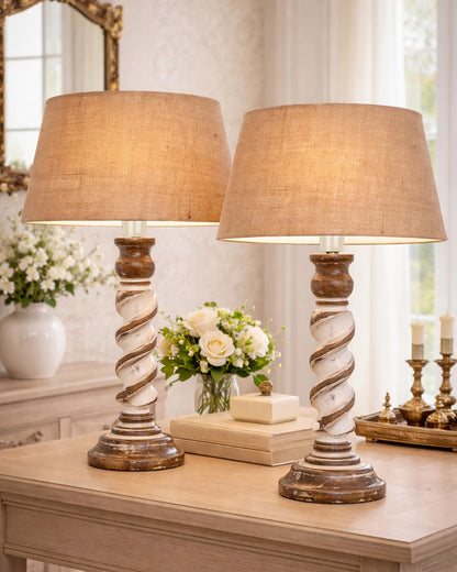 Signature Rustic Table Lamp set of 2, farmhouse Living Room Bedroom House Bedside Nightstand Home Office Reading Light, Rope Whitewash
