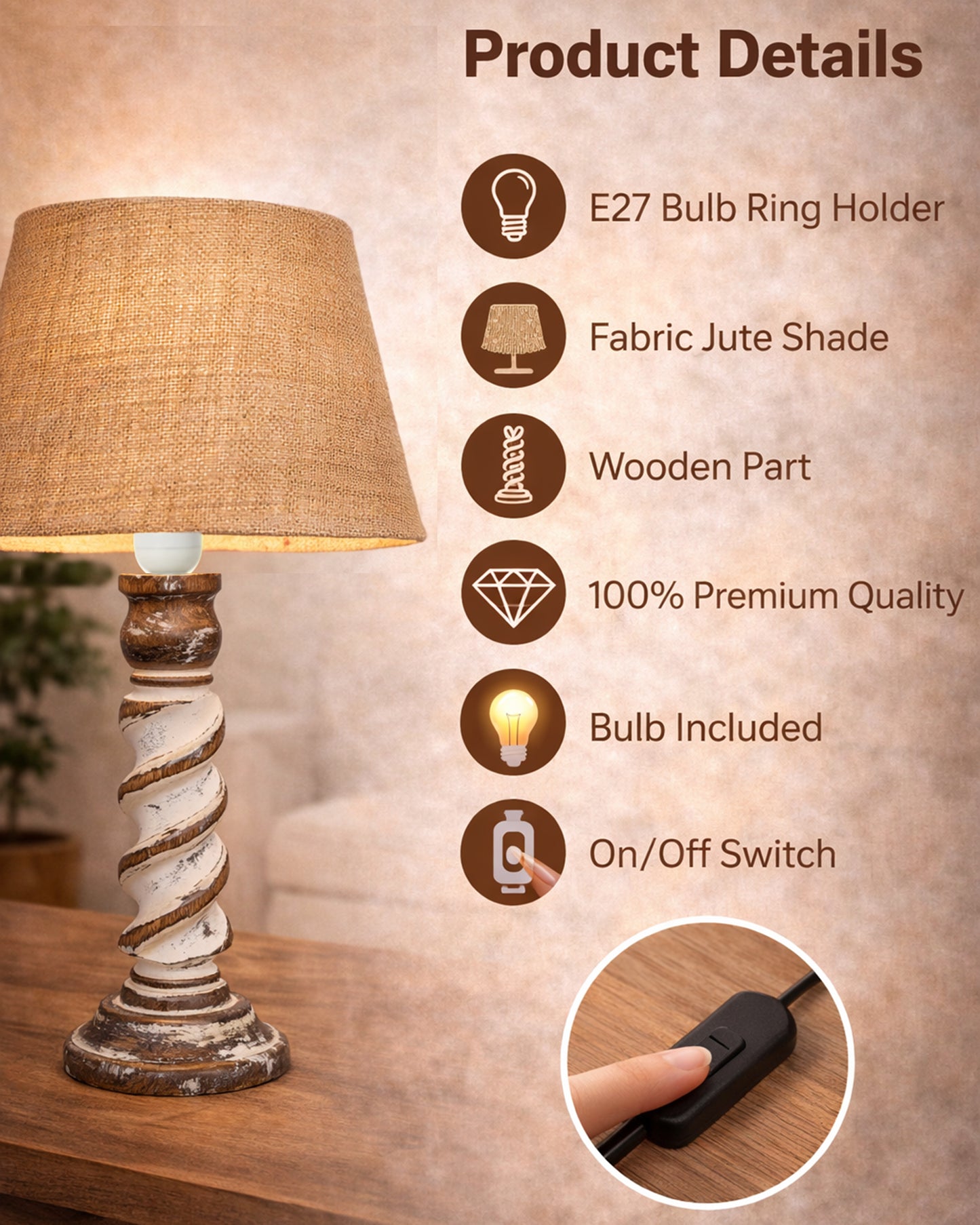 Signature Rustic Table Lamp set of 2, farmhouse Living Room Bedroom House Bedside Nightstand Home Office Reading Light, Rope Whitewash