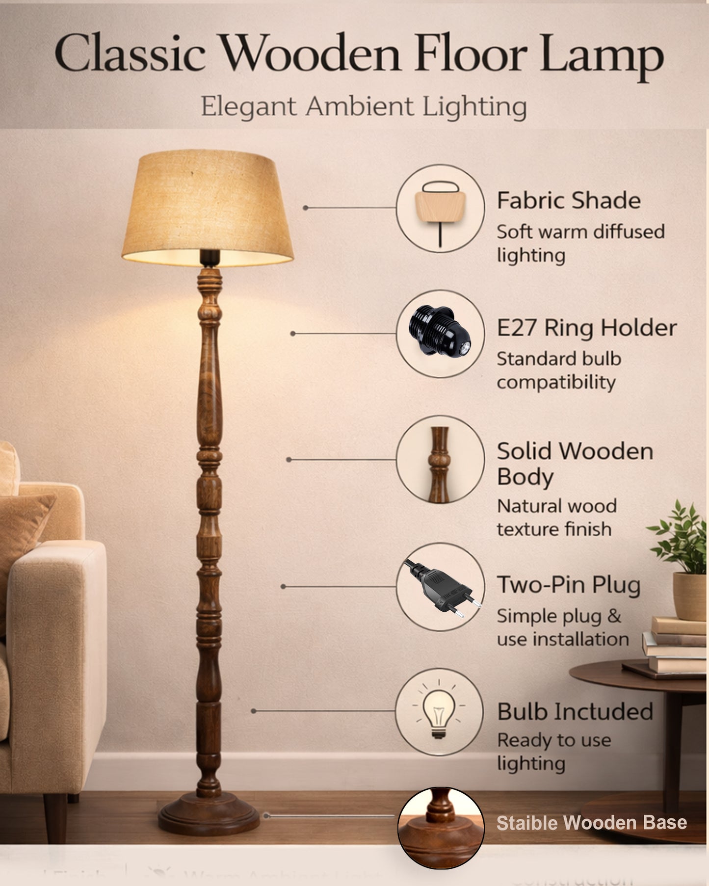 Classic Rustic Eclipse Black Finish Wooden Floor Lamp with Shade